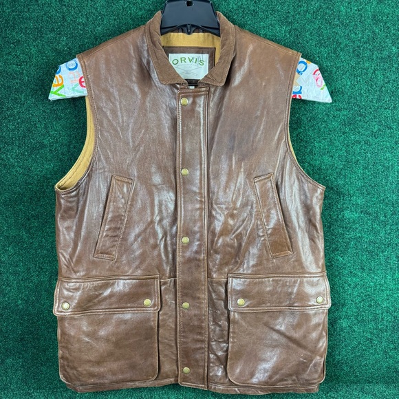 ORVIS Munitions Leather Vest Brown Soft Leather Hunting Fishing Size Medium - Picture 1 of 10